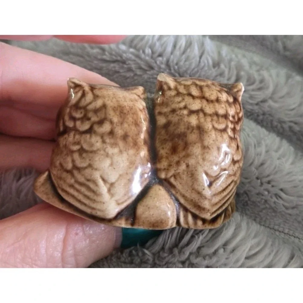 Miniature Owl Figurine Owl Pair Carved detail Ceramic 1.5